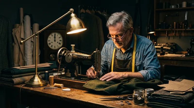 Tailor working late at night on an urgent stitching order